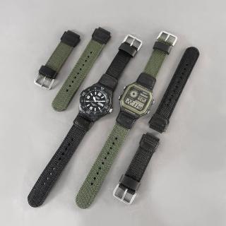 【Watchband】18mm / 適用AE-1200WH / MRW-200H CASIO 凸口替用錶帶 尼龍帆布錶帶(黑色/軍綠色)