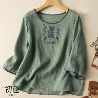 【初色】新中式棉麻文藝刺繡圓領七分袖T恤上衣女上衣-共4色-35947(M-3XL可選)