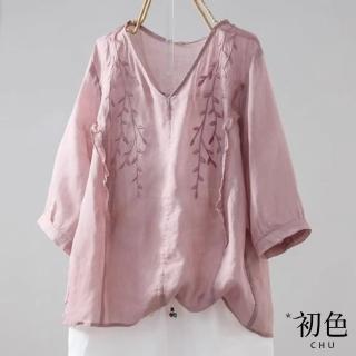 【初色】棉麻風刺繡繡花純色五分短袖T恤上衣女上衣-共5色-35945(M-3XL可選)