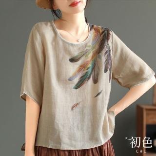 【初色】棉麻風五分短袖圓領羽毛印花T恤上衣女上衣-共4色-35942(M-3XL可選)