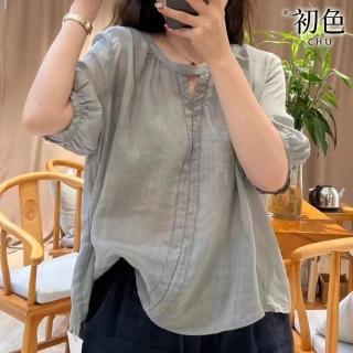 【初色】棉麻風純色刺繡圓領鏤空五分袖燈籠袖寬鬆T恤襯衫上衣女上衣-共2色-35893(M-2XL可選)