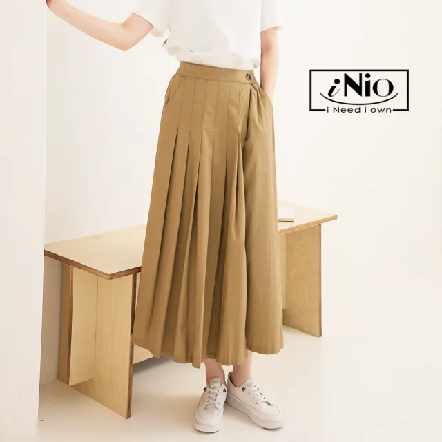 【iNio 衣著美學】寬褲裙 夏新品 現貨 假兩件 鬆緊腰 水洗棉 寬褲 百褶褲裙(CDW2093)