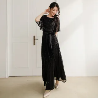 【OB 嚴選】輕奢華滿版亮片傘袖長洋裝小禮服附腰帶 《DA9681》(晚禮服)