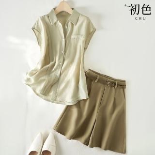 【初色】文藝風翻領短袖襯衫上衣女上衣+西裝褲休閒褲寬褲短褲套裝-亞麻色-36015(M-3XL可選)