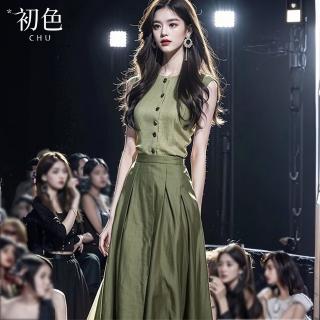 【初色】韓系圓領鈕扣無袖背心上衣+收腰褶皺半身裙中長裙套裝-綠色-35986(M-2XL可選)