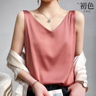 【初色】純色拼接緞面透氣V領無袖吊帶背心女上衣-共10色-35915(M-3XL可選)