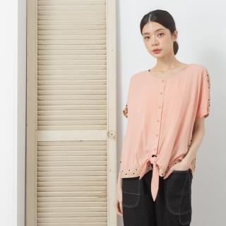 【MOSS CLUB】圓領假開襟下襬綁結後印花短袖上衣(桔 黃)
