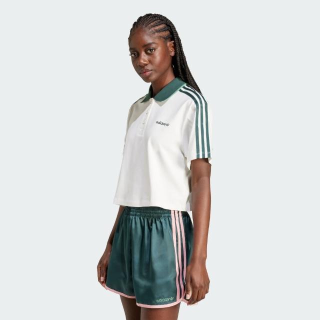 【adidas 愛迪達】上衣 女款 短袖上衣 運動 CROP POLO 白綠 IX3555