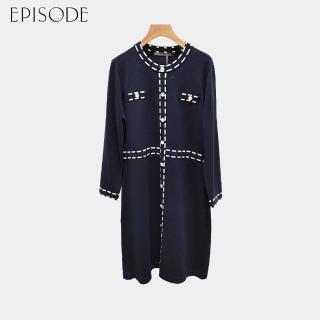 【EPISODE】法式優雅精緻修身滾邊針織長袖洋裝142715（藍）