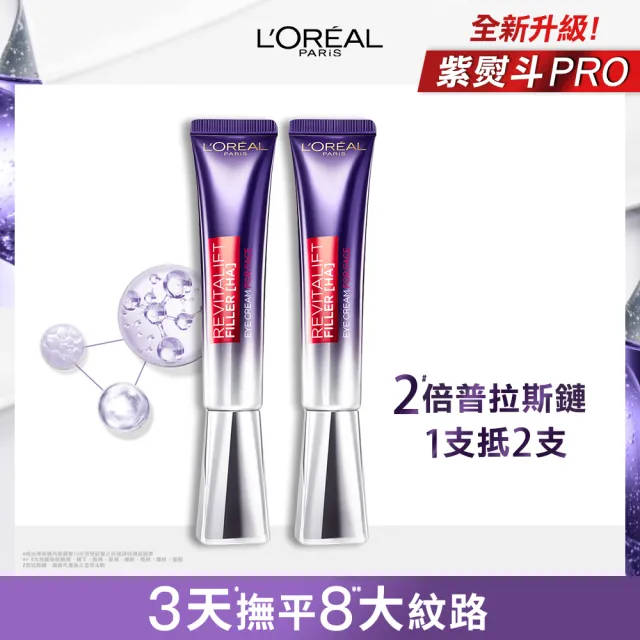 【LOREAL Paris 巴黎萊雅】玻尿酸眼霜級撫紋精華霜Pro版30ml 2入組(紫熨斗/眼霜/楊謹華代言)