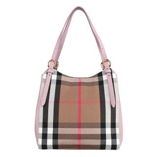 【BURBERRY 巴寶莉】CANTERBY經典格紋棉帆布拼接牛皮肩背包(米x淡粉紅)