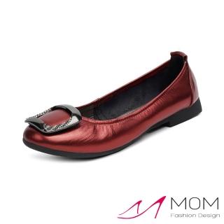 【MOM】真皮跟鞋 低跟跟鞋/真皮頭層牛皮金屬亮皮鑲鑽方釦低跟鞋 摺疊鞋(酒紅)