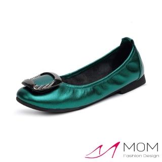 【MOM】真皮跟鞋 低跟跟鞋/真皮頭層牛皮金屬亮皮鑲鑽方釦低跟鞋 摺疊鞋(綠)