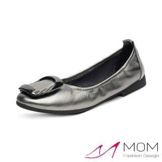 【MOM】真皮跟鞋 低跟跟鞋/真皮頭層牛皮金屬亮皮鑲鑽方釦低跟鞋 摺疊鞋(銀)