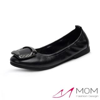 【MOM】真皮跟鞋 低跟跟鞋/真皮頭層牛皮金屬亮皮鑲鑽方釦低跟鞋 摺疊鞋(黑)