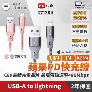 【PX 大通】UAL-0.25P USB-A to Lightning 快速充電傳輸線 0.25米 灰色/粉色(蘋果 APPLE Lightning 接頭)