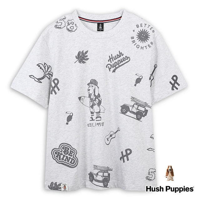 Hush Puppies 男裝 上衣 夏日滿版渡假風衝浪狗短袖上衣(淺灰 / 43110101)