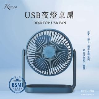 【Romeo羅蜜歐】桌上型4段變速小電風扇 USB充電電扇 LED小夜燈桌扇 USB風扇(高度升降/可置物)