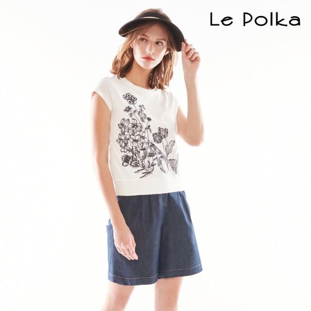 【Le Polka】高腰五分牛仔短寬褲-女(丹寧)