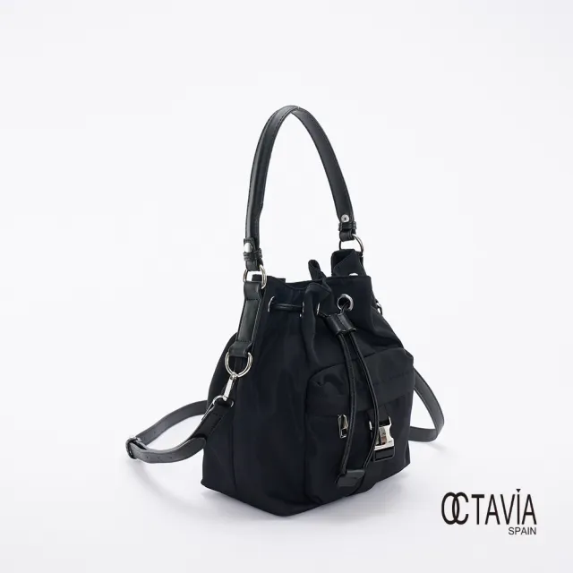 【OCTAVIA 8】雙11 OCTAVIA 8 真皮 -  大人空氣感 尼龍束口肩斜二用水桶包 -舒壓黑