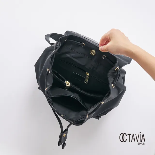 【OCTAVIA 8】雙11 OCTAVIA 8 真皮 -  黑色魅力 尼龍配皮束口大口袋後背包 - 愛書黑