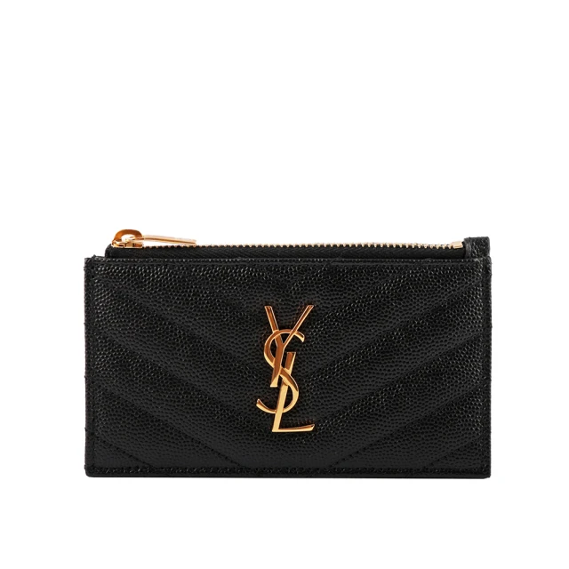 YSL 山形紋荔枝皮金字Logo拉鍊卡片/零錢夾(黑色)