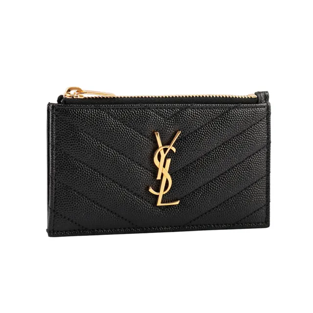 【YSL】山形紋荔枝皮金字Logo拉鍊卡片/零錢夾(黑色)