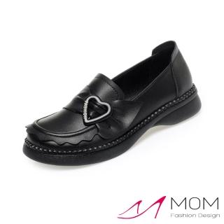 【MOM】真皮樂福鞋 一字樂福鞋/真皮優雅花邊愛心釦一字帶設計樂福鞋(黑)