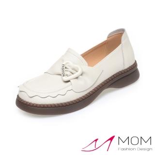 【MOM】真皮樂福鞋 一字樂福鞋/真皮優雅花邊愛心釦一字帶設計樂福鞋(米)