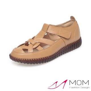 【MOM】真皮涼鞋 軟底涼鞋/真皮縷空花結線條舒適軟底涼鞋(卡其)
