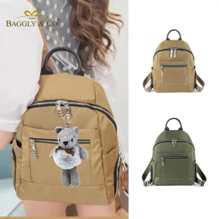 【BAGGLY&CO】買一送一 幻彩多漾真皮尼龍後背包(送毛毛肚熊吊飾 真皮後背包 輕量尼龍包 真皮 後背包)