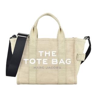【MARC JACOBS 馬克賈伯】MARC JACOBS LOGO拉鍊帆布白字手提斜背托特包(迷你/米)