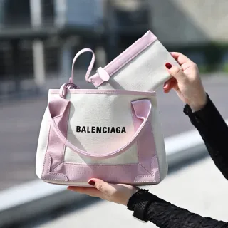 【Balenciaga 巴黎世家】NAVY CABAS XS 經典品牌LOGO棉麻布手提斜背兩用包(白粉)
