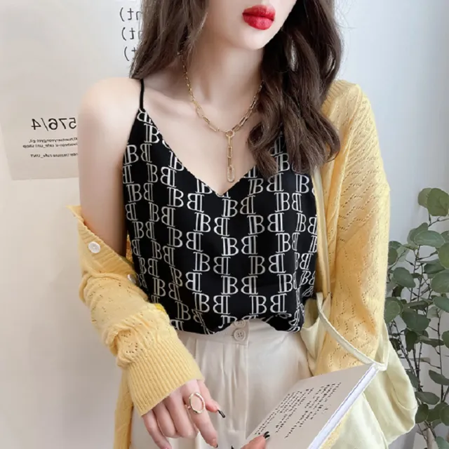 【Paiya 派亞】千鳥格V領雪紡吊帶背心女夏網紅西裝內搭無袖外穿打底衫寬松上衣(S-XL)