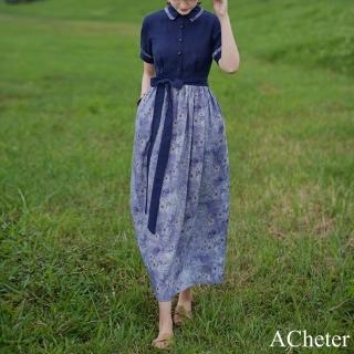 【ACheter】棉麻連身裙短袖文藝印花拼接高腰顯瘦氣質長版洋裝#122511(藏青)
