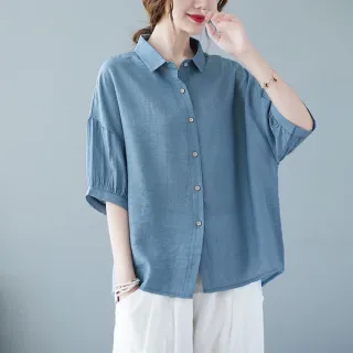 【LANNI 藍尼】現貨 微泡泡袖寬鬆棉麻襯衫※(五分袖襯衫/五分袖上衣/棉麻上衣/售完不補)