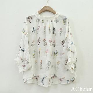 【ACheter】原創森系民族風甜美刺繡花拼接花邊領七分袖麻料短版上衣#122645(白)