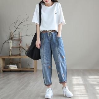 【LANNI 藍尼】★鬆緊九分牛仔哈倫褲(女裝/褲子/長褲/短褲/九分褲)