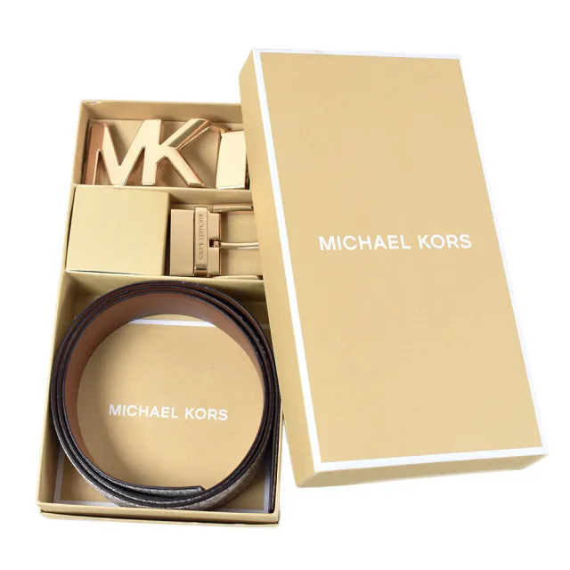 【Michael Kors】女款 緹花LOGO雙釦頭雙面用皮帶禮盒組-白色/特