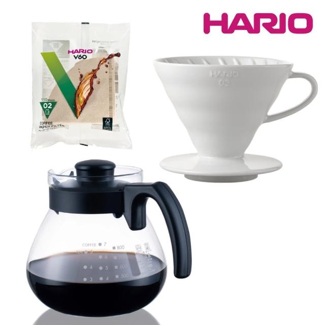 【HARIO】V60白色02磁石濾杯組合(玻璃壺+濾紙)