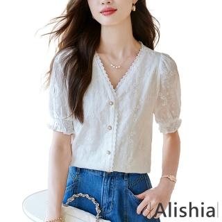 【Alishia】法式V領花邊繡花公主袖蕾絲上衣 M-2XL(白色)