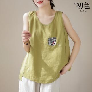 【初色】復古棉麻風拼接貼布圓領無袖背心不對稱下襬寬鬆上衣女上衣-共5色-35224(L-2XL可選)