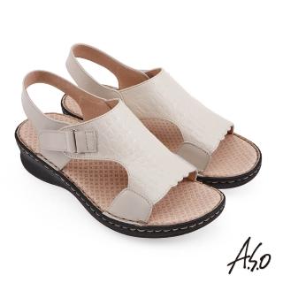 【A.S.O 阿瘦集團】A.S.O 機能休閒手縫氣墊壓紋拼接寬版真皮涼鞋(米色)