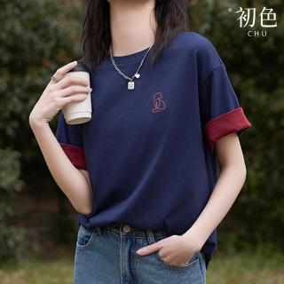 【初色】撞色立體刺繡小貓繡花裝飾圓領短袖T恤上衣女上衣-藏青色-35050(M-2XL可選)
