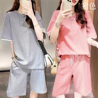 【初色】純色圓領寬鬆五分袖上衣女上衣+鬆緊抽繩運動休閒褲五分褲套裝-共4色-35201(M-4XL可選)