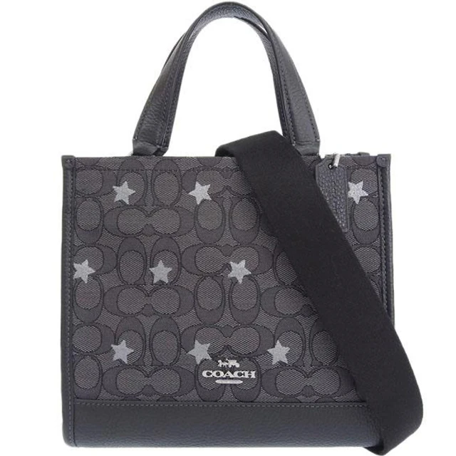 COACH DEMPSEY Tote 22銀星星X黑灰織紋布滿版LOGO小款手提斜背包