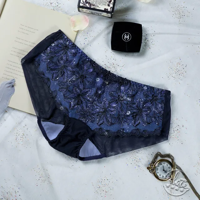【Lady】璨漾星辰系列 刺繡蕾絲/性感內褲/冰絲內褲/涼感內褲/無痕低腰平口褲 M-XL(星夜藍)