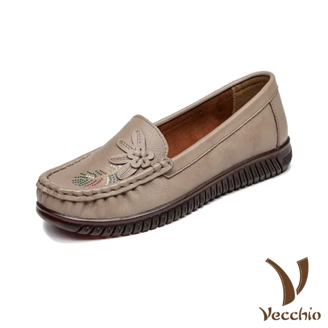 【Vecchio】真皮樂福鞋 牛皮樂福鞋/真皮頭層牛皮復古燙鑽花朵休閒樂福鞋(杏)