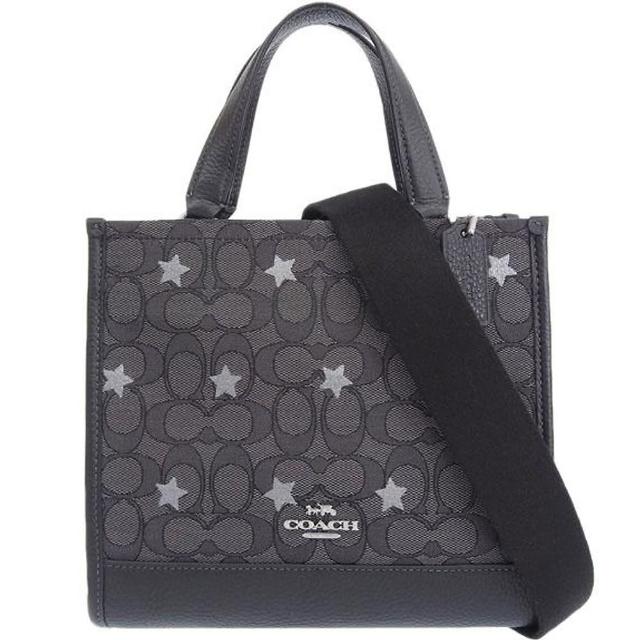 【COACH】DEMPSEY Tote 22銀星星X黑灰織紋布滿版LOGO小款手提斜背包