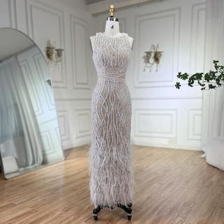 【女神婚紗禮服】優雅飄逸羽毛串珠無袖中長款洋裝宴會晚禮服LA72076米白色(派對宴會 拉鍊款晚禮服)